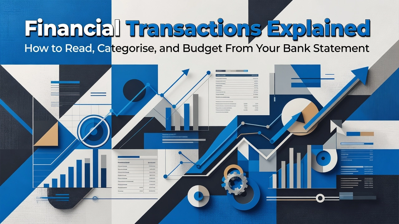 Professional header image for educational tutorial: Financial Transactions Explained: How to Read, Categorise...